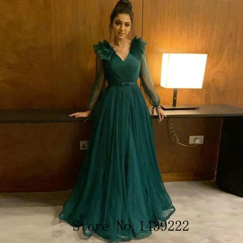 Fanshao Green Long Evening Gowns V Neck Pleat Graduation Formal Celebrity Dresses Robe De Soiree Vestido Fiesta | Свадьбы и