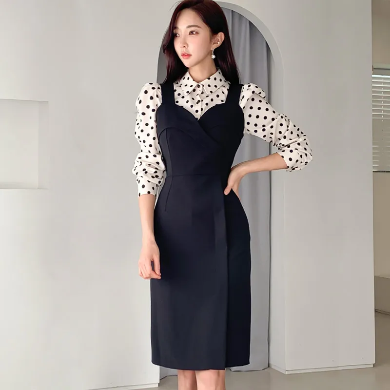 

Spring Summer Vintage Elegant Women Two Piece Set Dot Full Sleeve Shirt Tops and Dress 2 Piece Set Women