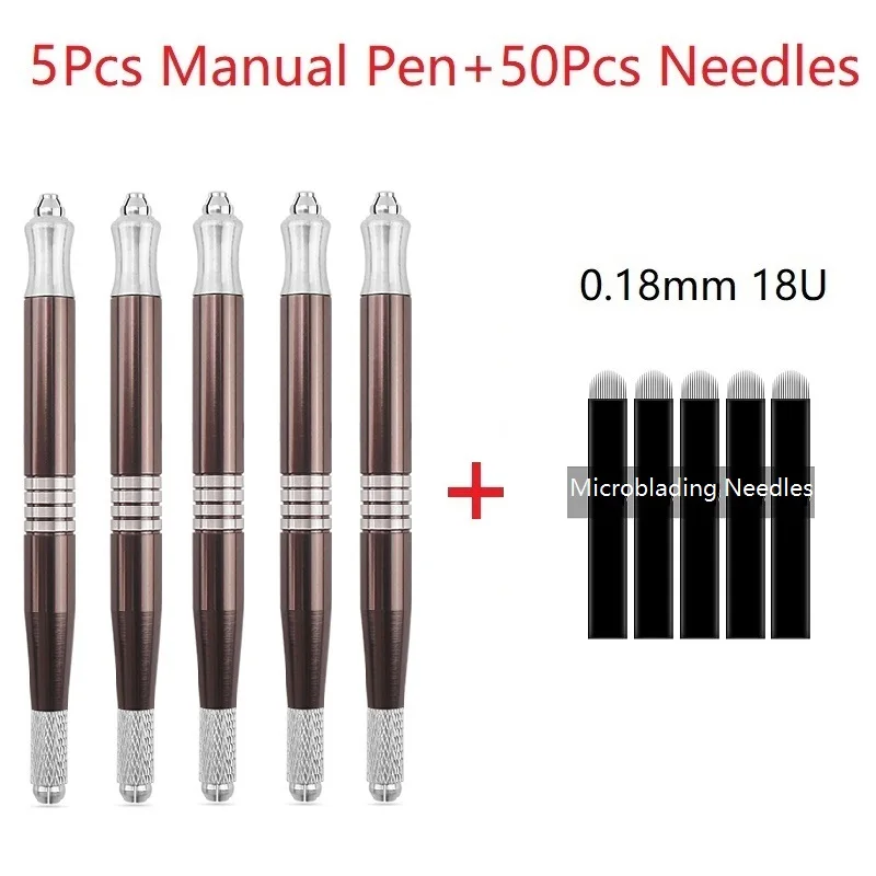 

Дермограф, Перманентный макияж, набор тату для бровей, 5 шт., ручная ручка для тату с двумя головками + 50 шт., черные 18U лезвия для тату для микро...