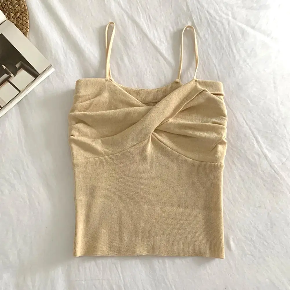 

Women Ruched Sleeveless Fit Knit Vest Spaghetti Strap Camisole Crop Top