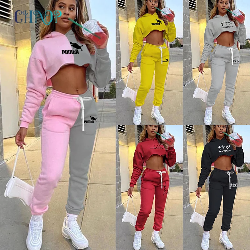 

2021 Brand Print Sweatsuit Women's Set Hooded Crop Top and Jogger Pants Set Tracksuit Fitness Two Piece Set Outfits Female