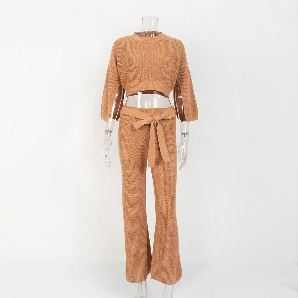 

Knitting Sweater Suits and Broad-legged Trousers Khaki Color 2pcs Women Sets