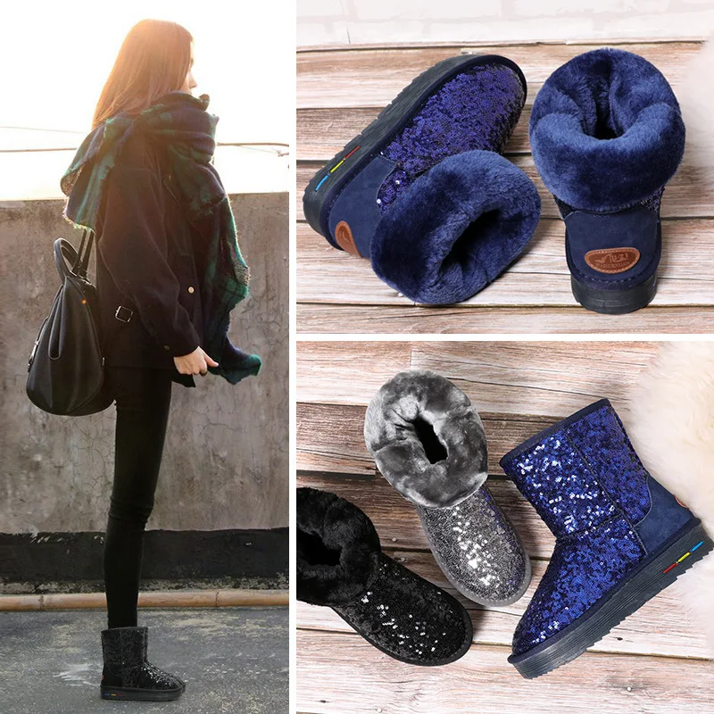 Кожаные зимние сапоги новые женские утепленные Нескользящие с блестками и