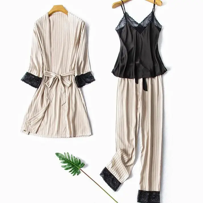 Кружева 3 шт. Атласный халат комплекты Для женщин полосатые пижамы свободные