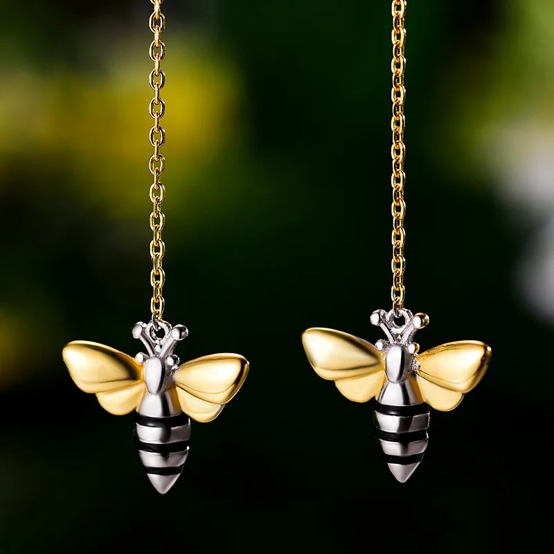 

JUXO S925 Sterling Silver Cute Bee Pendant Female Ear Line Handmade Design Fashion Exquisite Jewelry Ladies Earrings Gifts