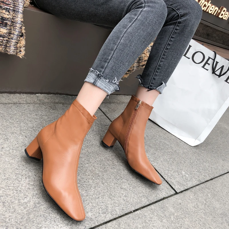 

ASUMER 2020 new arrive Cow genuine leather boots square Heels&Toe fashion ankle boots zipper high heels autumn women boots