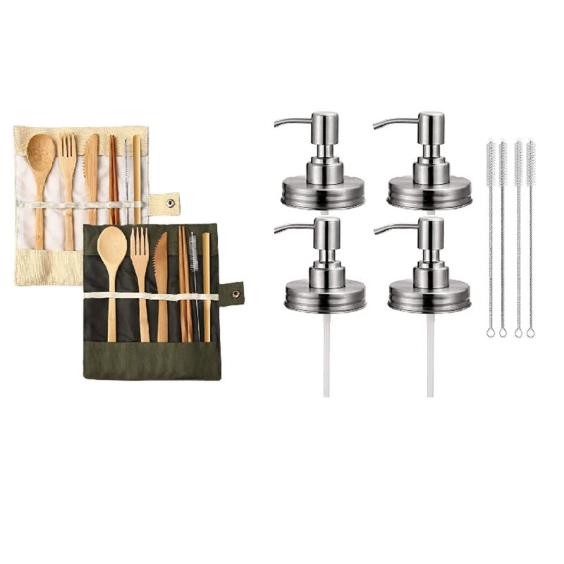 

1 Set Bamboo Cutlery Flatware Set Bamboo Travel Utensils & 1 Set Mason Jar Soap Dispenser Lids with Pumps