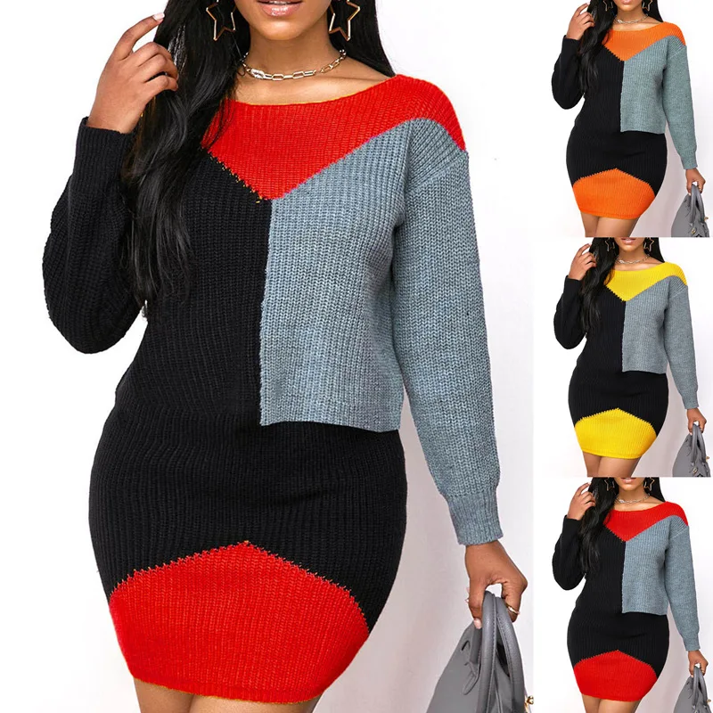 

Women's Sweater Dress Autumn Winter New Fashion Casual Color Matching Round Neck Long-Sleeved Woolen Dress Mini Skirt
