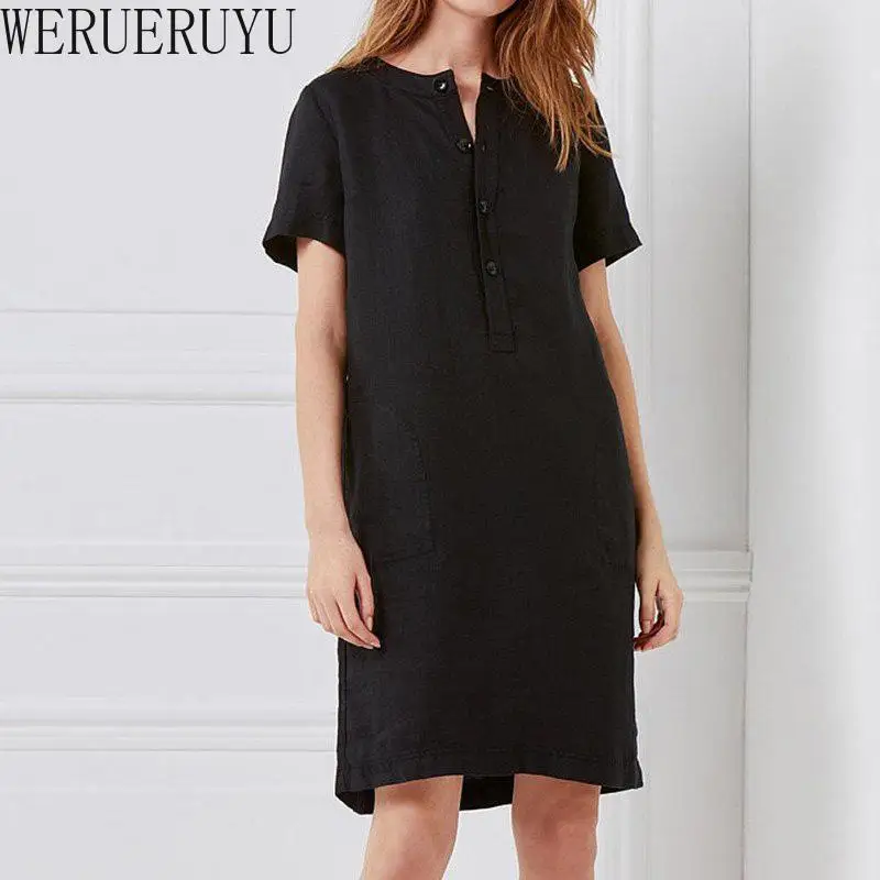 

New Summer Women Black Cotton Linen Midi Dress 2021 Short Sleeve Clothing Korean Fashion Casual Ladies Dresses Woman Vestidos