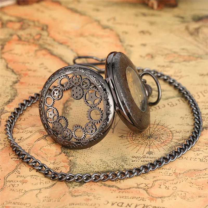 Steampunk Black Men Women Hand-wind Mechanical Pocket Watch Hollow Out Gear Case Skeleton Clock with Pendant Chain Roman Number