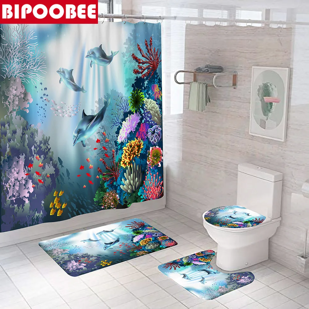 

Ocean 3d Shower Curtain Set Underwater World Dolphin Fish Coral Printing Bathroom Curtains Pedestal Non-slip Rug Bath Mats