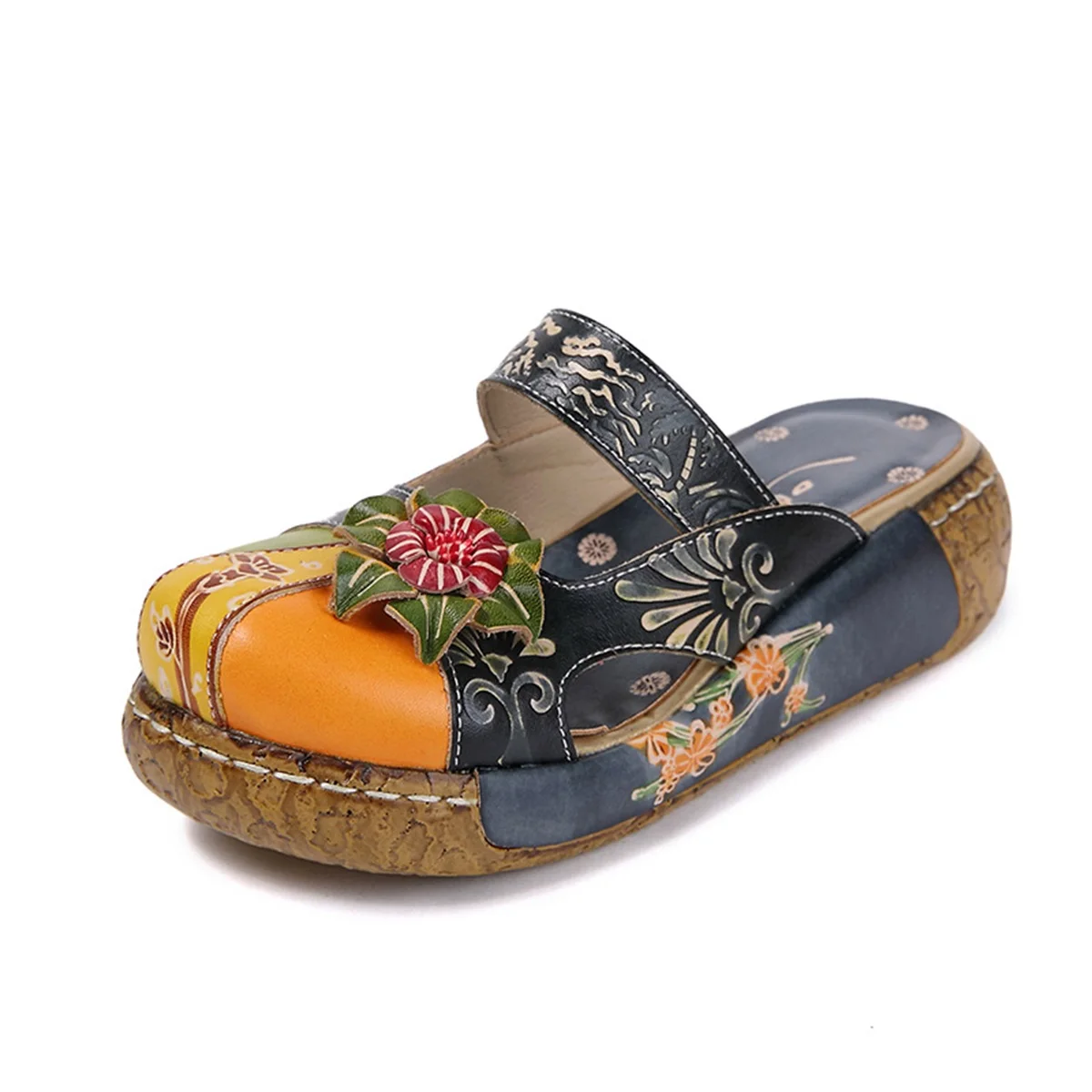 

Женские кожаные сандалии ручной работы, босоножки на толстой подошве в этническом стиле с цветами, Ретро стиль, лето 2021