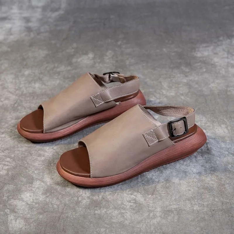 

Summer Women Casual Flats Open Toe Buckle Strap Beach Sandals Vintage Genuine Leather Gladiator Shoes Leisure Platform Sandals