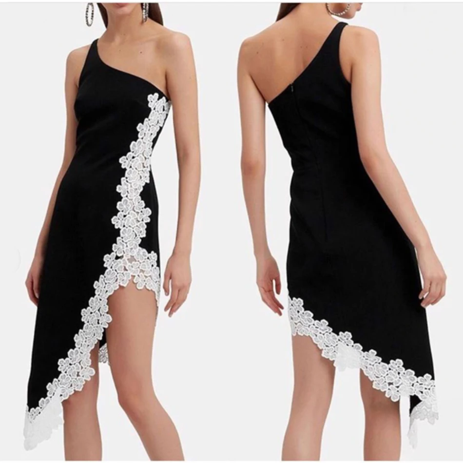 Женское облегающее платье на одно плечо черное Клубное с кружевным жилетом