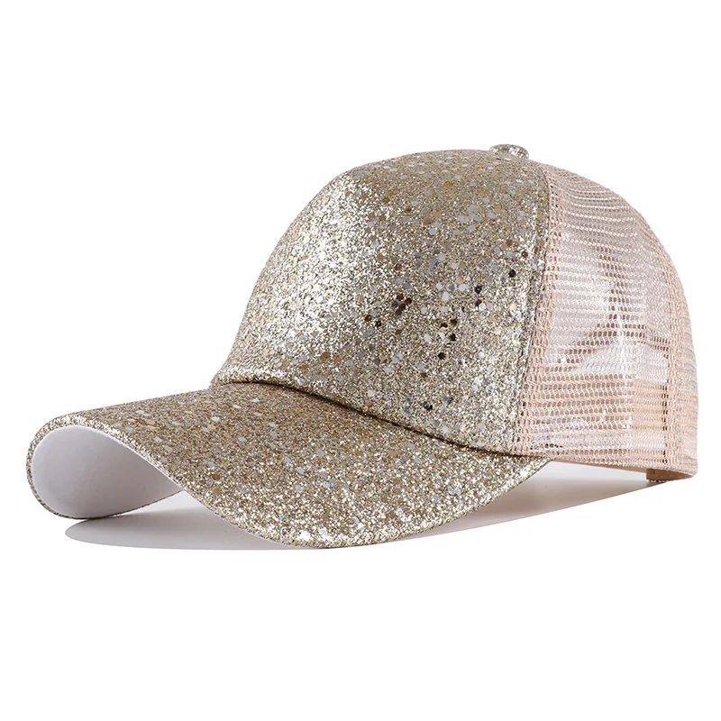 

New Summer Glitter Messy Bun Ponytail Baseball Cap for Women Mesh Trucker Snapback Hat Adjustable Hip Hop Bling Rhinestone Hats