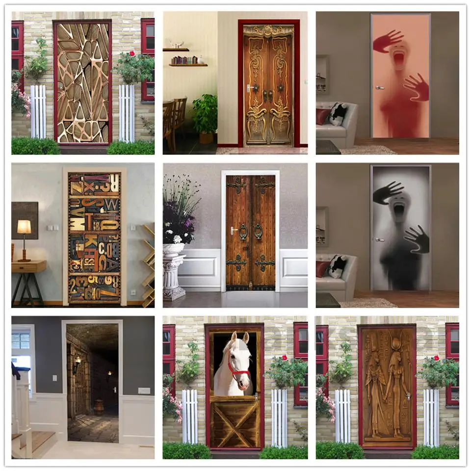 

2PCS/SET Door Sticker PVC Self-adhesive Waterproof 3D Removable Home Decor Wine Shelf Decals DIY Wall Art Mural Stickers Porte