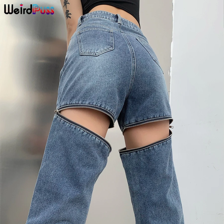 

Странный Кот Хлопковые женские Y2K штаны с высокой посадкой выдалбливают молнии шикарные прямые джинсы стрейтч Harajuku джинсовые штаны уличная...