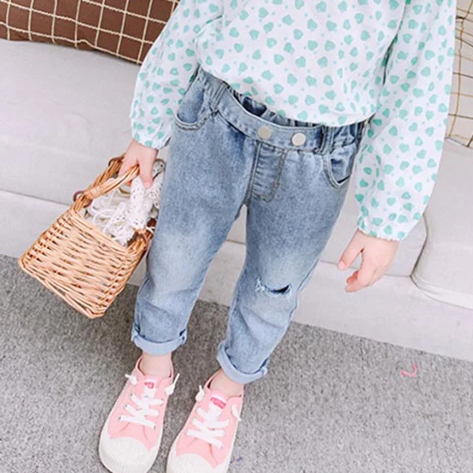 Детские рваные джинсы однотонные с рисунком для девочек повседневные стильные