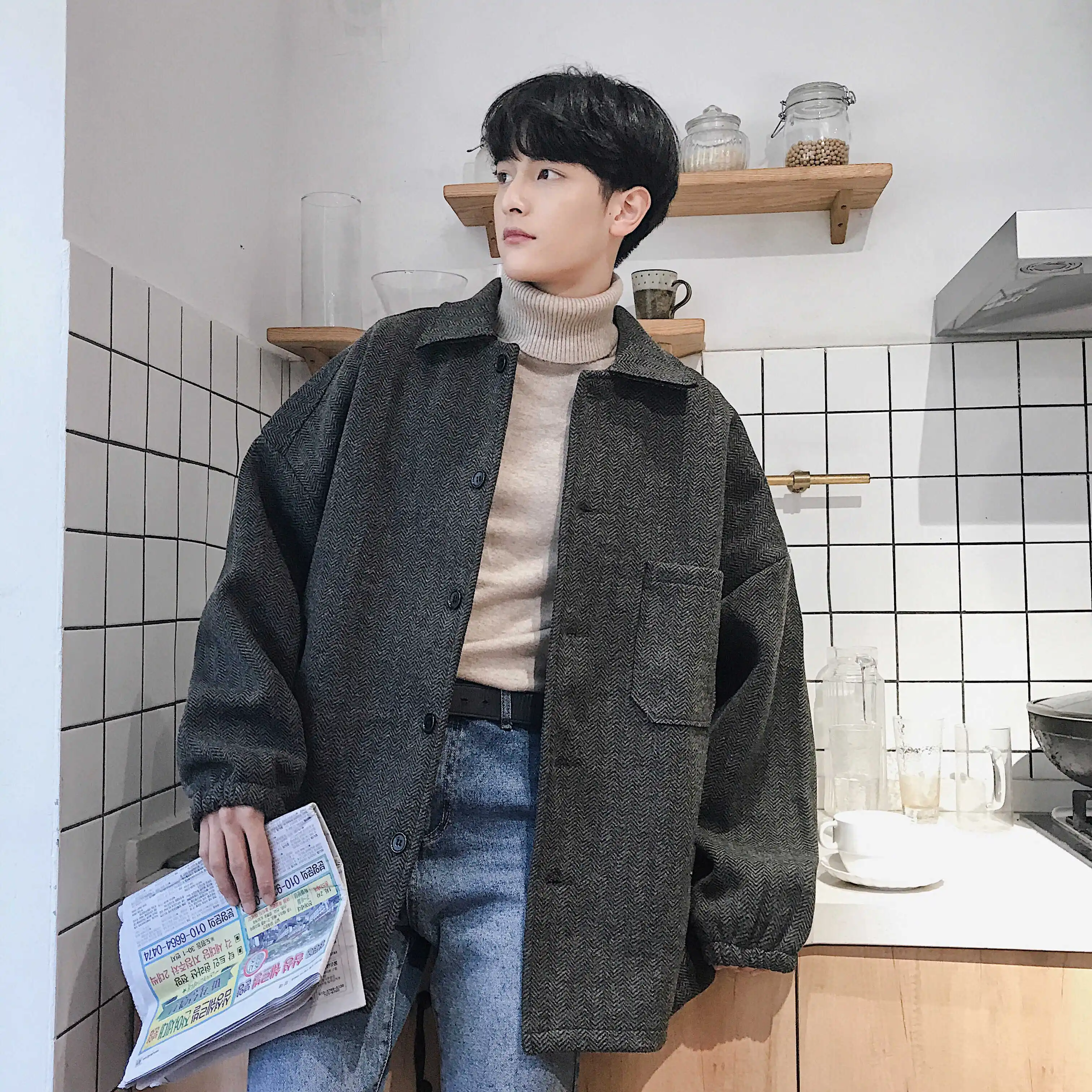 Мужской свободный Тренч из смесовой шерсти светло коричневое свободное