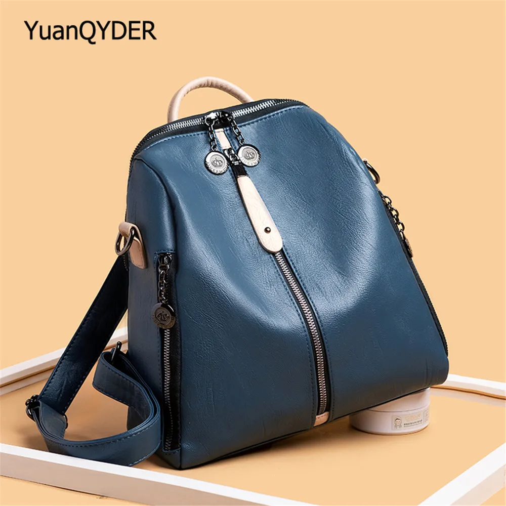 

2021 New High Quality Soft Leather Leather Women's Backpack Anti-theft Designer Ladies Travel Backpack Panelled Design Women Bag