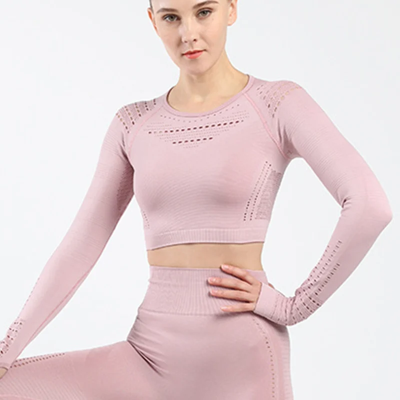 Pink Бесшовная Спортивная рубашка с длинным рукавом для спортзала йоги спортивный короткий топ Женская футболка для фитнеса топы для фитнес-тренировки для женщин спортивная одежда - Цвет: Pink