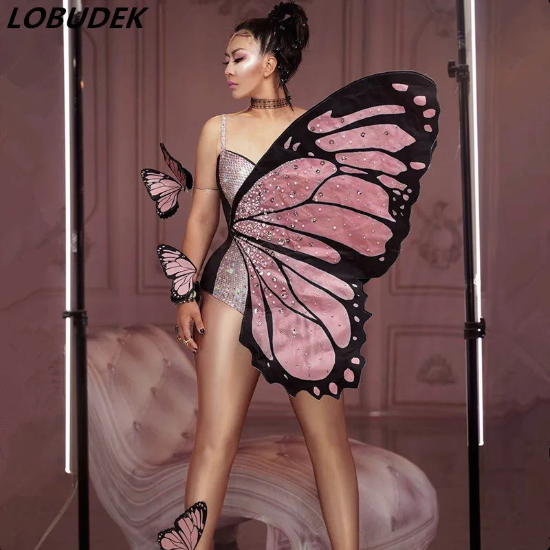 

Butterfly Wings Rhinestones Bodysuit Dance Costume Halloween Party Show Role-playing Cosplay Costume DJ Singer Dancer Stage Wear