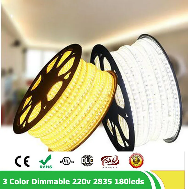 

50 м/лот 2835SMD 220 В Tira Fita светодиодная ленсветильник аемая двухрядная 180led 220v 240v Регулируемая Гибкая светодиодная лента 3 изменения цвета