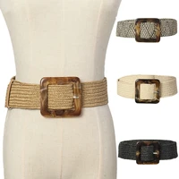 women belt straw casual ultra wide belt female woven vintage carved wood buckle elastic belt decoration dress shirt waist seal