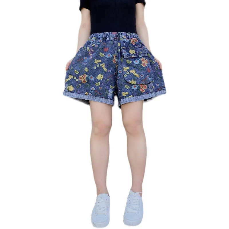 

Джинсовые шорты Летняя женская обувь размера плюс с цветочным принтом тертые хлопковые повседневные свободные укороченные джинсы; Модные ...