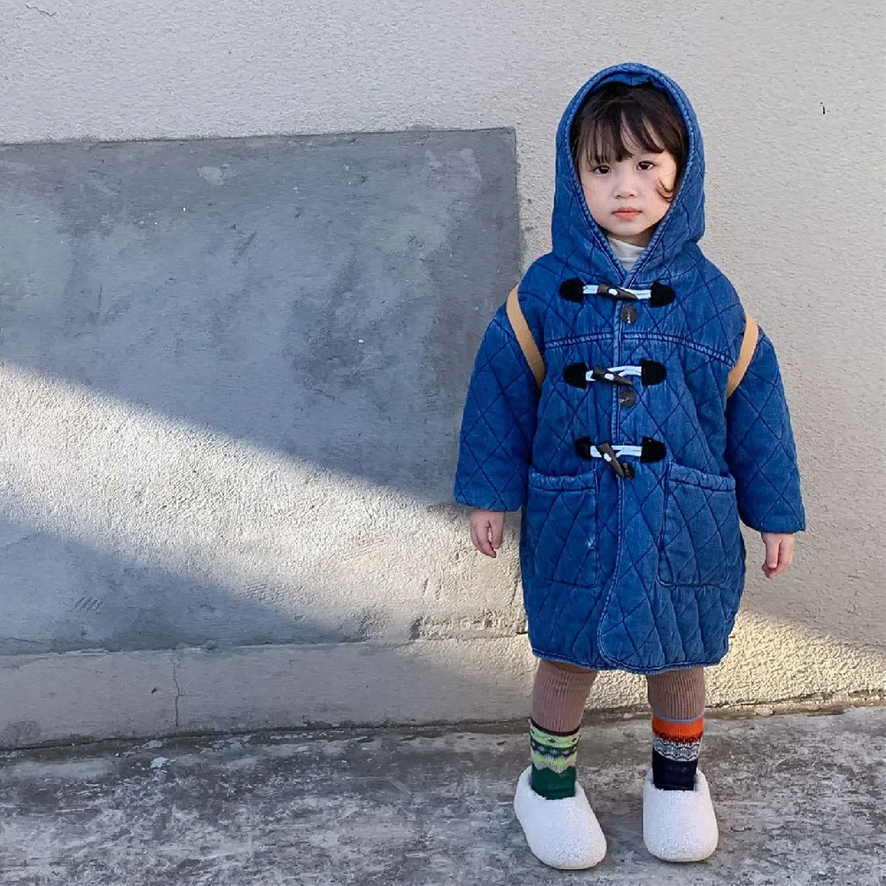 

Children's Winter Quilted Mid-length Hooded Denim Cotton Jacket For Boys And Girls With Velvet Thick Horn Buttons Coat