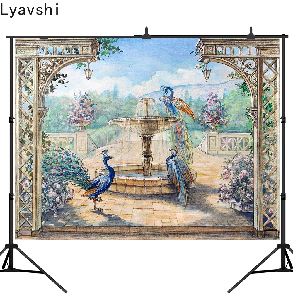 

Свадебный фон Lyavshi с акварелью павлином, королевским двором, фонтаном, цветами, благородной принцессой