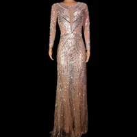 fashion rhinestone screen perspective women long sleeves round collar long dress party prom female sexy singer stage costumes