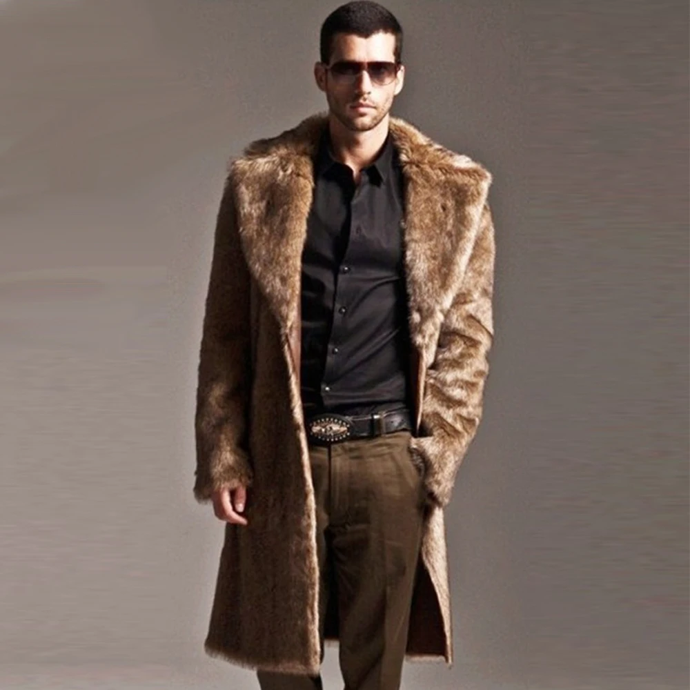 Мужская длинная парка с искусственным мехом теплая куртка из искусственной кожи