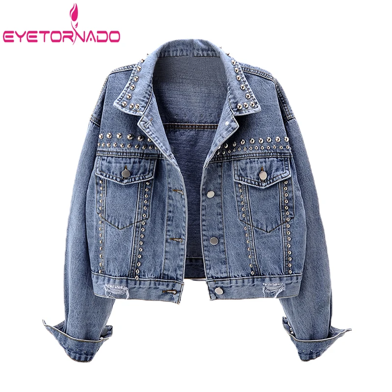 

Women Oversized Crop Denim Jacket Autumn Long Sleeve Rivet Pockets Jean Jackets Women Casual Loose Harajuku Punk Bomber Coat