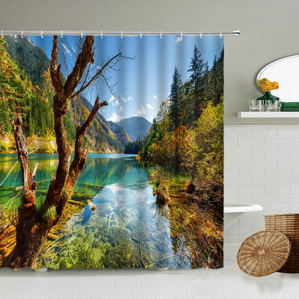 

Autumn Forest Lake Scenery Shower Curtain Tourism Landscape Park Nature Photography Bathroom Waterproof Fabric Screen Home Decor