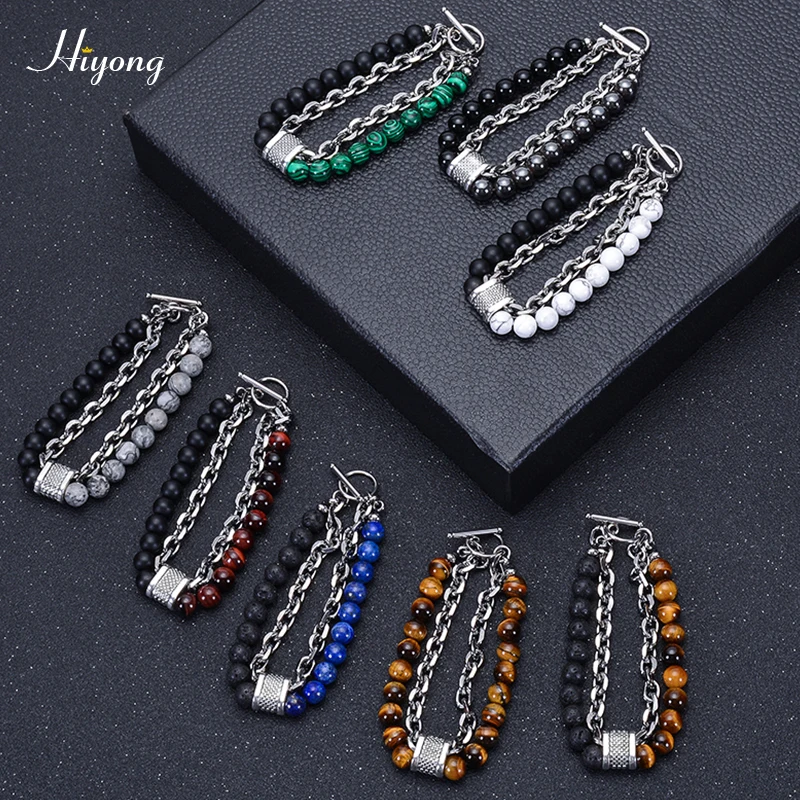 HIYONG Lava Rock бисерный браслет для мужчин натуральный камень тигровый глаз браслет из нержавеющей стали браслеты на цепочке мужские ювелирные изделия подарки