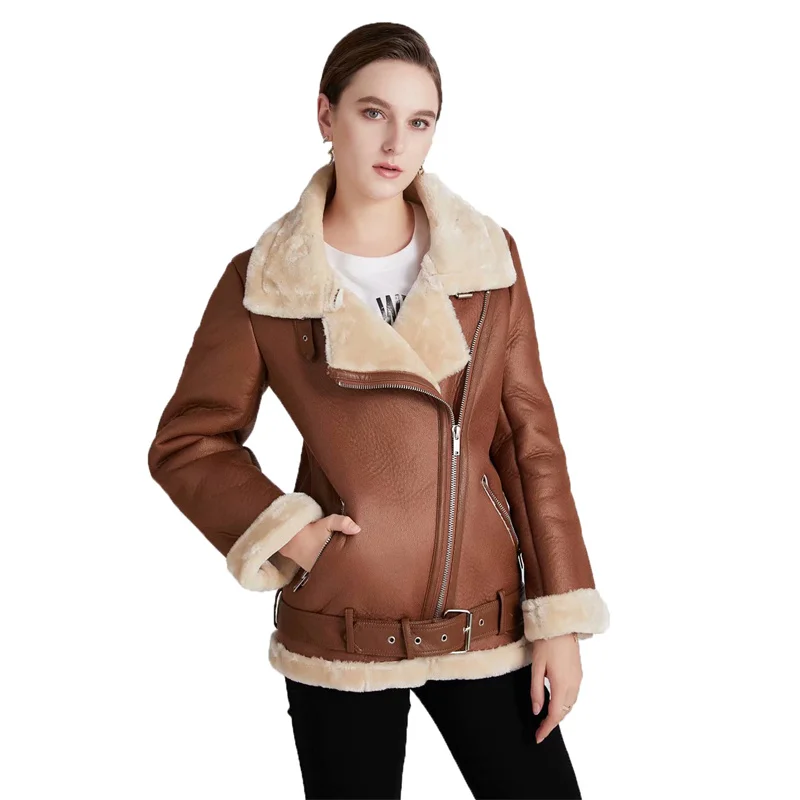 Women's Brown Leather Coat 2021 Winter New Fashion Lapel Zipper Pocket Thickened Warmth Black Temperament Leather Jacket N1285