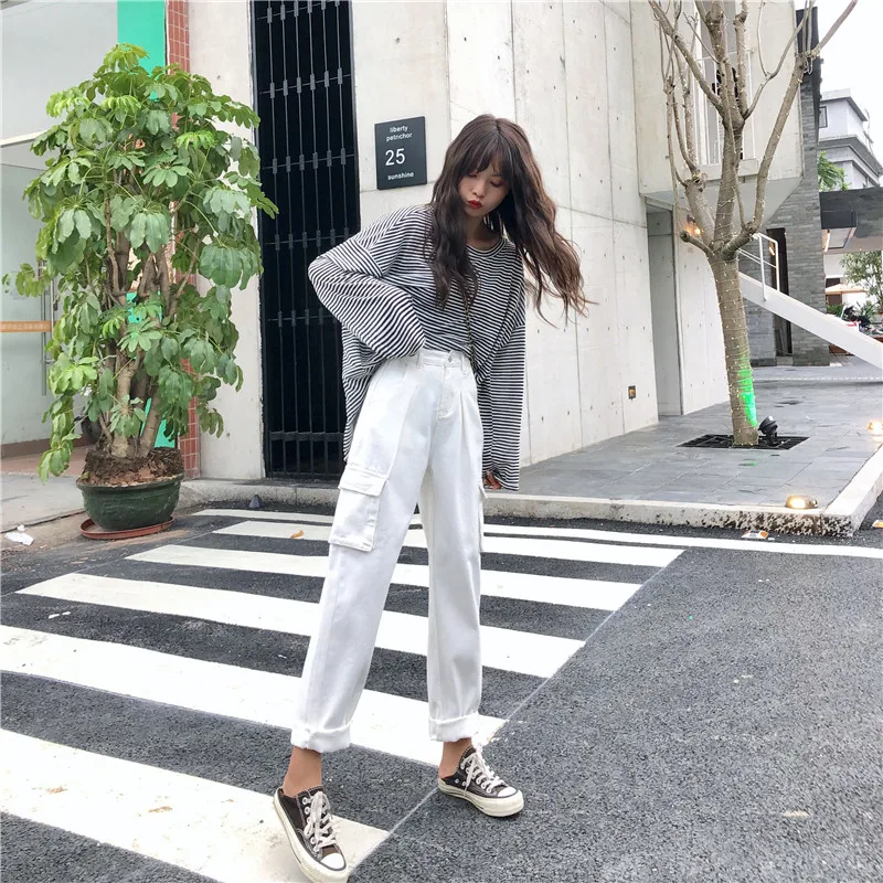 

S-XL Women safari trousers 2019 korean bf style straight denim pants jeans high waist white pants womens
