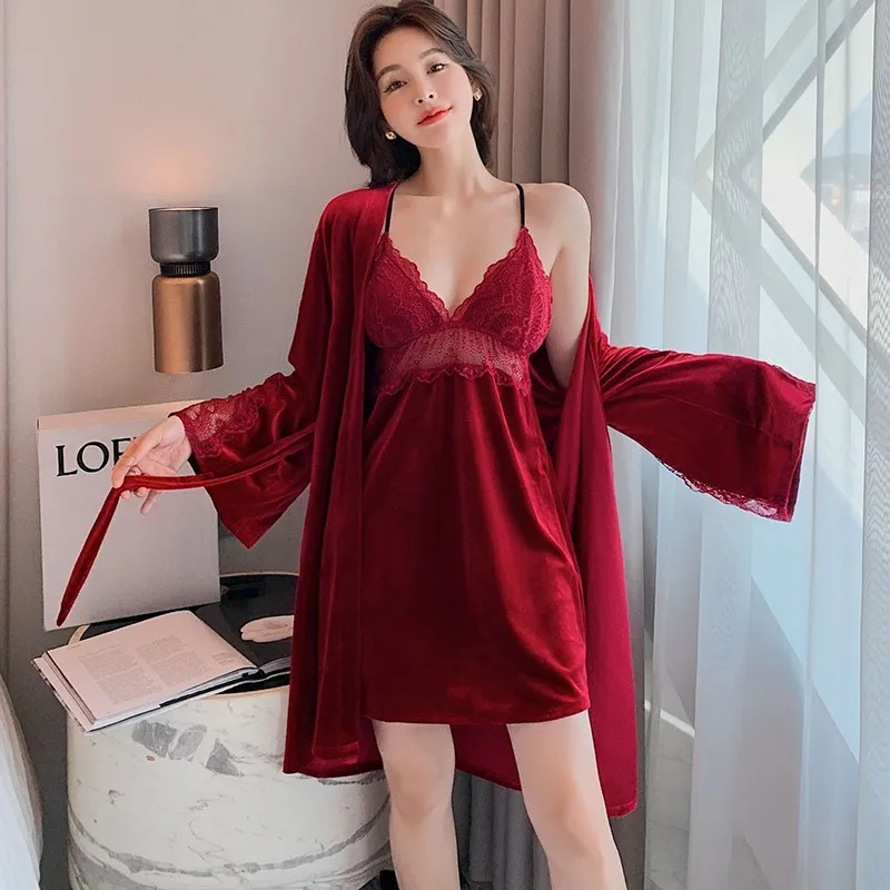 

Gray Velour Robe Gown Sets 2 Two Pieces Womens Nighty Bathrobe Nightgown Sleep Suit Lace Hollow Out Sleepwear Spring Home Clothe