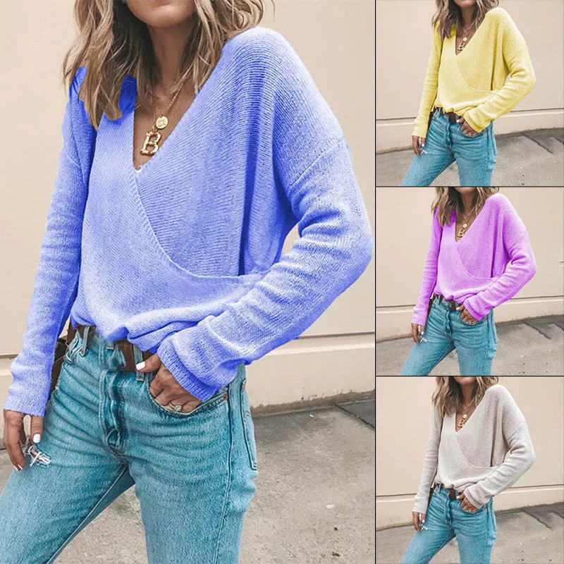 

V Collar Women Warm Knitwear 2020 Autumn Sexy Cross Long Sleeve Candy Color Sweaters Sweet Style Pullovers Loose Female Knit Top
