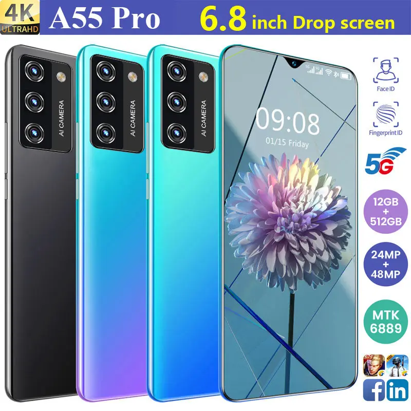 

New 2021 A55 Pro 6.8 Inch Drop Screen 12+512GB 1440*3200 Smartphone 5G 24MP+48MP MT6889 10Core 5000MAH Android10 Finger Face ID