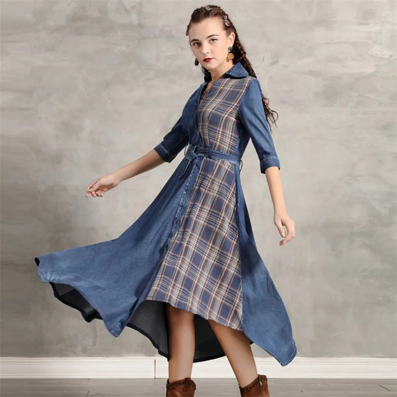 

Весеннее джинсовое женское платье 2020 винтажные женские платья с V-образным вырезом асимметричное клетчатое лоскутное женское платье с пояс...