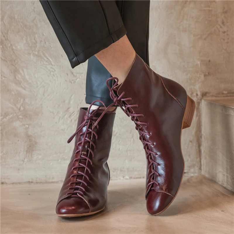 

COVIBESCO Handmade Cross-Tied Ankle Boots For Women 2021 Autumn Winter Low Heels Side Genuine Leather Office Lady Basic Boots