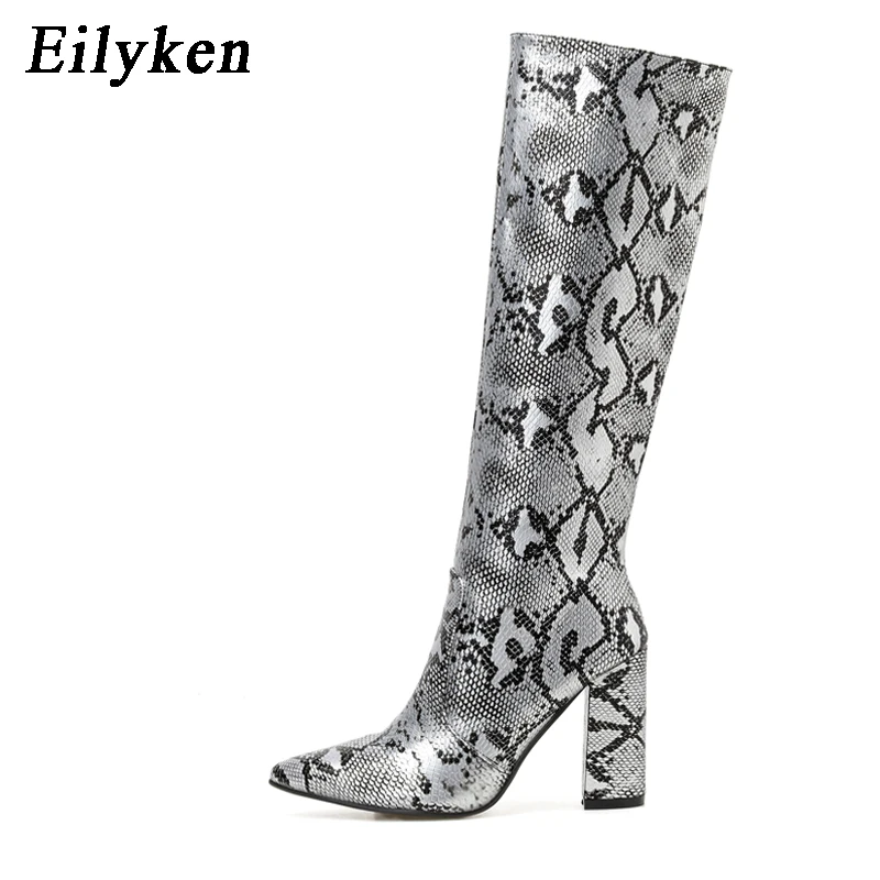 Serpentine Eilyken; коллекция года; зимние сапоги до колена; пикантные сапоги из змеиной кожи; женские сапоги на высоком квадратном каблуке с острым носком на молнии - Цвет: Serpentine