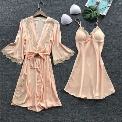 Pajama Set Women Lace Trim Satin Sleepwear Summer Nightwear With Pants Casual Home Wear
