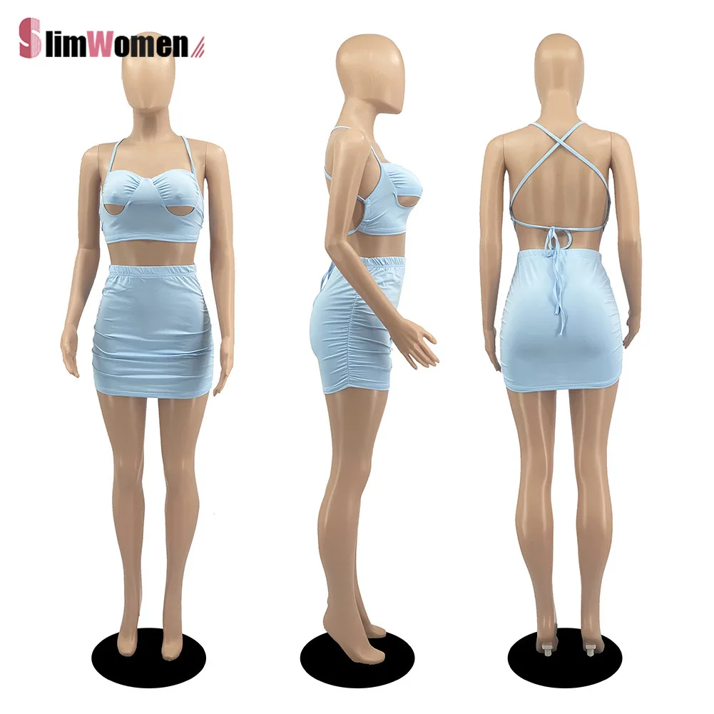 

Backless Hole Crop Tops and Midi Mini Skirts Matching Set Outfits 2021 Women Summer 2 Two Piece Set Sexy Night Party Streetwear
