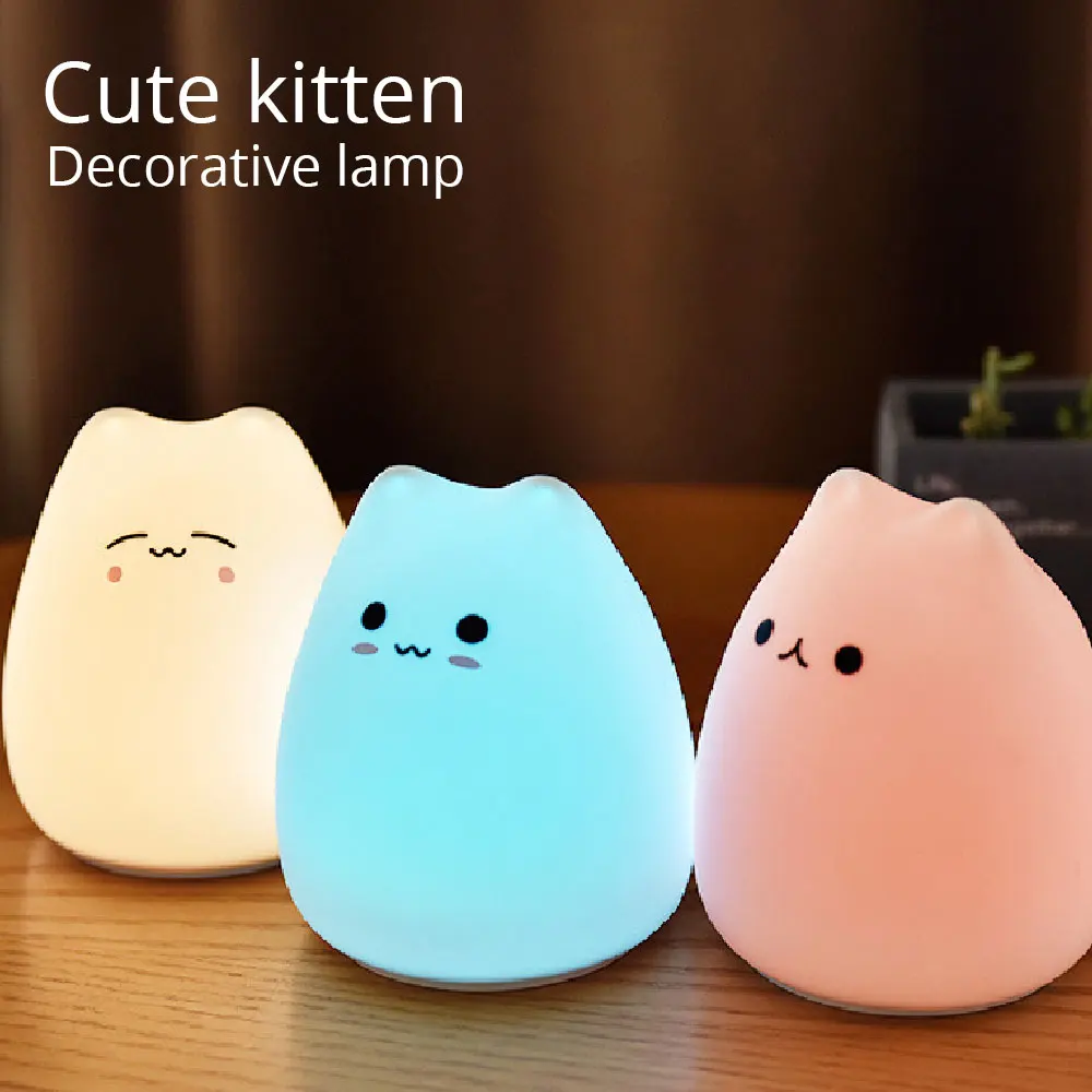 Cute LED USB Cat Silicone Touch Sensor Night Light Rechargeable Child Holiday Gift Bedroom Decor Lamp Battery/USB Home Decor