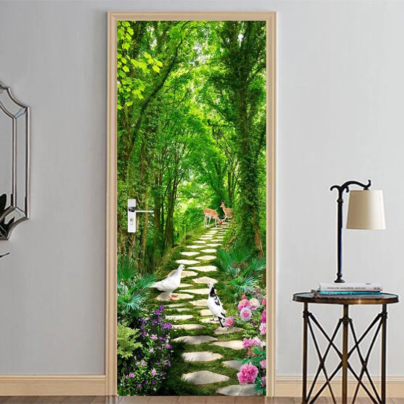 2 шт./компл. наклейки на дверь 3D зеленый лес голубь олень дорожка пейзаж обои для
