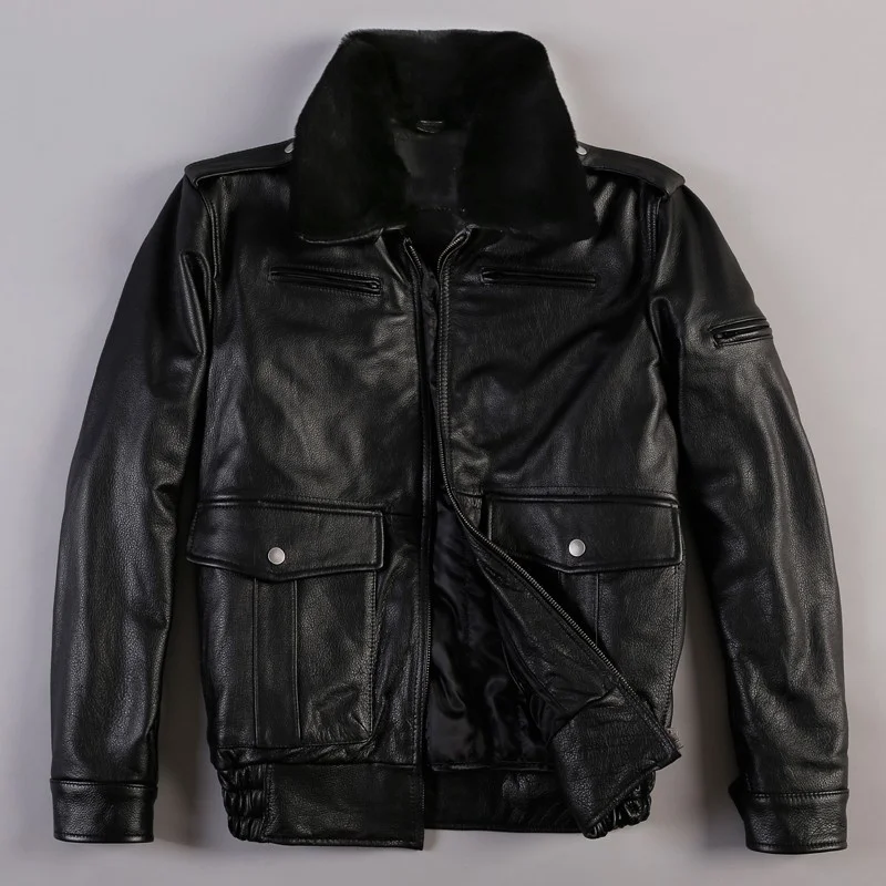 

Winter Thick Lining Mens Genuine Leather Flight Jacket Fur Collar Pockets Windproof Pilot Coat Male Warm Cowhide Leather Jackets