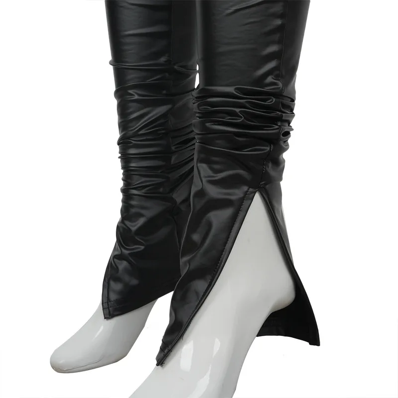

ANJAMANOR Sexy Black Faux Leather Split Stacked Leggings and Crop Top 2 Piece Sets Womens Club Outfits Spring 2021 D85-EZ36